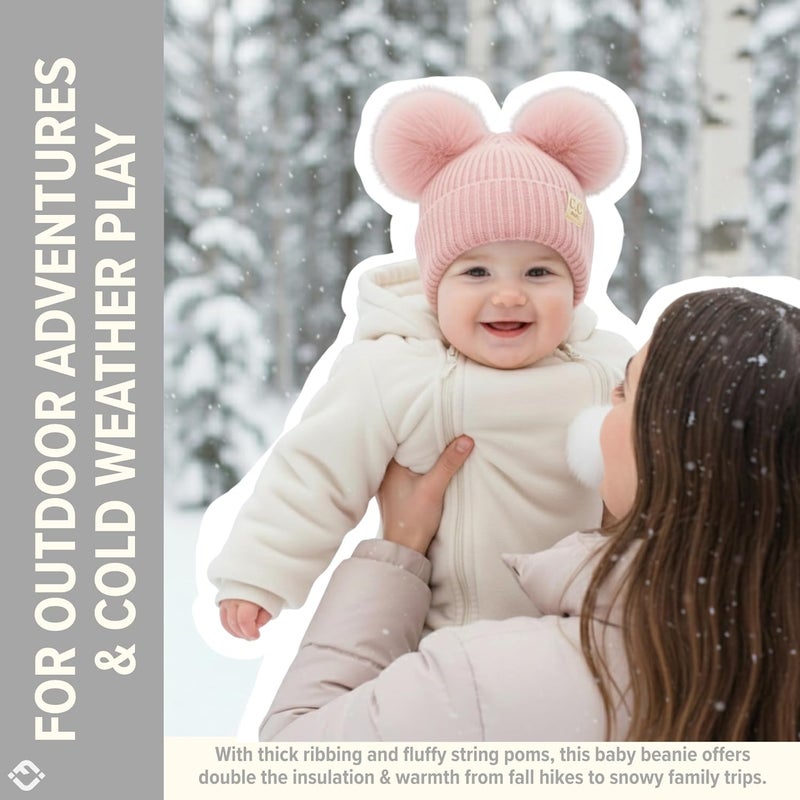 Funky Junque Double Pom Pom Baby Beanie – Newborn Girl Winter Hat 0–12 Months, Cute Cozy Knit Infant Beanies for Cold Weather - Image 3